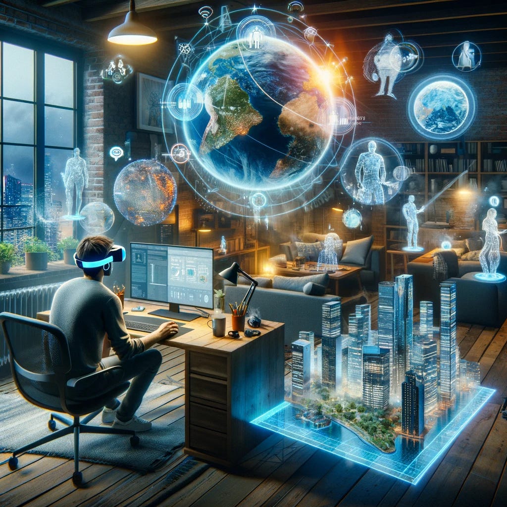 Visualize a futuristic working environment where advanced AI-enhanced communication platforms enable seamless global collaboration for a remote team. The scene depicts a home office transformed into a dynamic virtual workspace, featuring AR goggles on a desk, holographic projections of global team members discussing urban planning, and interactive 3D models of smart city designs floating in the space. The environment combines elements of comfort and cutting-edge technology, symbolizing the fusion of personal and professional life in the context of remote work. The imagery should capture the essence of a day in the life of a data scientist collaborating with international colleagues across different time zones, highlighting the tools and technologies that facilitate this futuristic mode of communication and work.