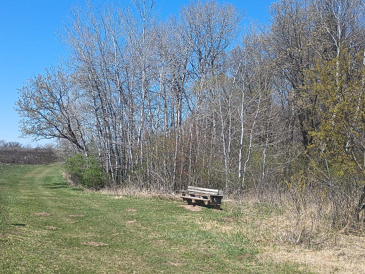 two images of the trail, with green grass and trees; the left photo also has a bench