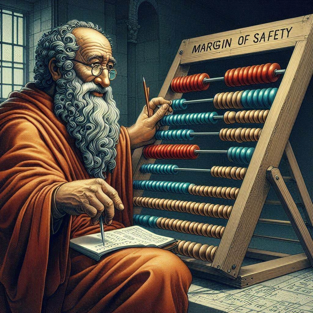 an ancient philosopher using an abacus to calculate the margin of safety. Make the phrase margin of safety clearly spelled out