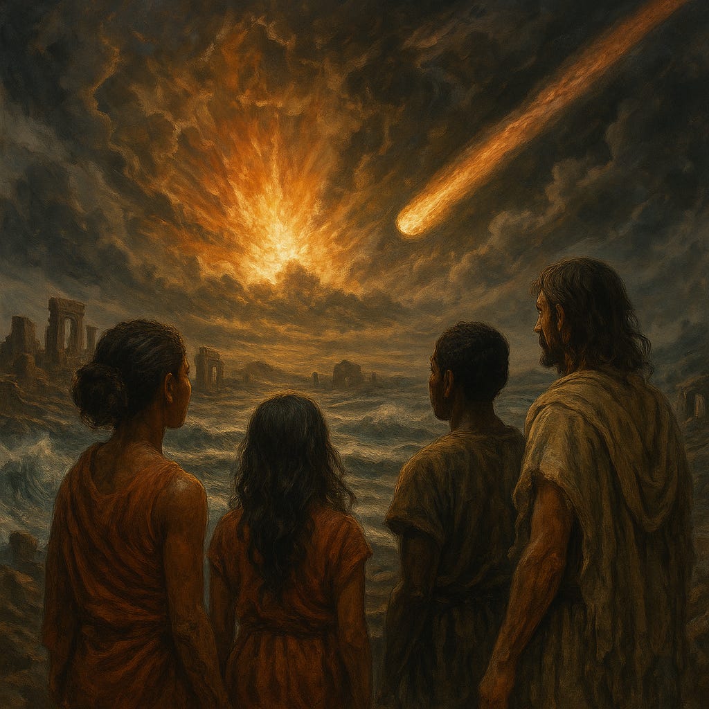 A striking, realistic painting depicting humanity's shared fate in the aftermath of a global cataclysm. Diverse figures—men and women of varied ethnicities and ancestral features—stand beneath a darkened, fractured sky. Faint ruins of an ancient, lost world crumble in the background, while floodwaters recede across broken landscapes. Their faces reflect both grief and the distant flicker of potential, as if remembering a forgotten, golden age that once was. The image evokes unity, loss, and the haunting question of what might have been.