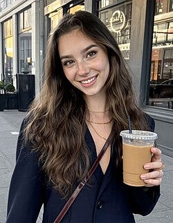 a young woman in an overcoat with long brown hair, holding a cup of coffee in her hand and smiling
