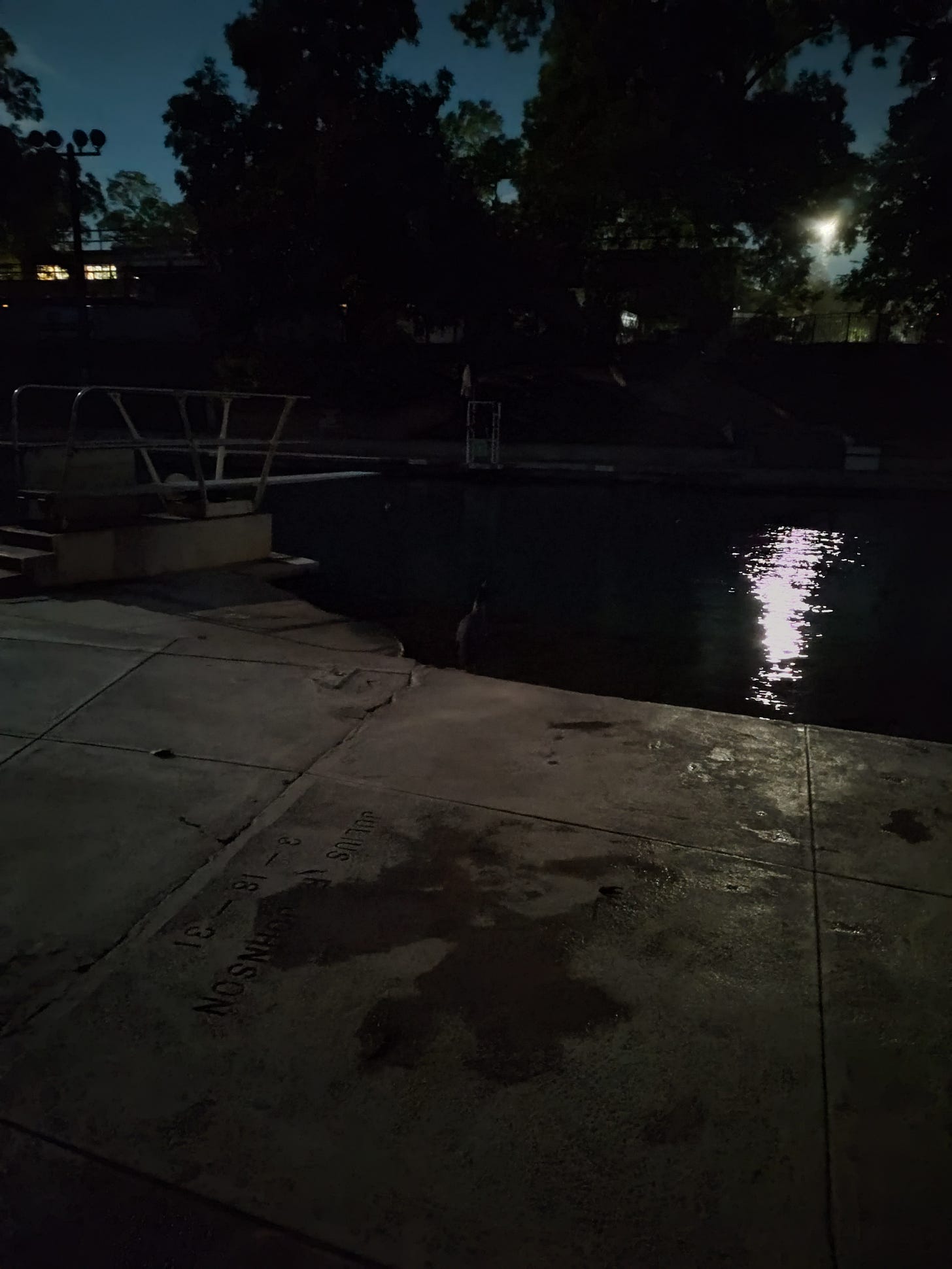 Impressionist photo of a swimming pool in low light, moon on the water.