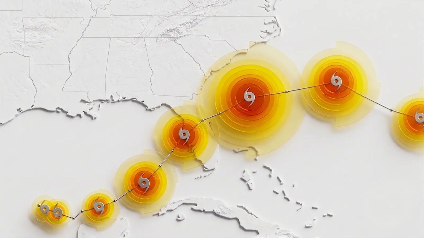 Stylized map showing a forecasted cyclone track over the southeastern United States, with concentric yellow and orange circles indicating storm path and intensity. Stylized map showing a forecasted cyclone track over the southeastern United States, with concentric yellow and orange circles indicating storm path and intensity.