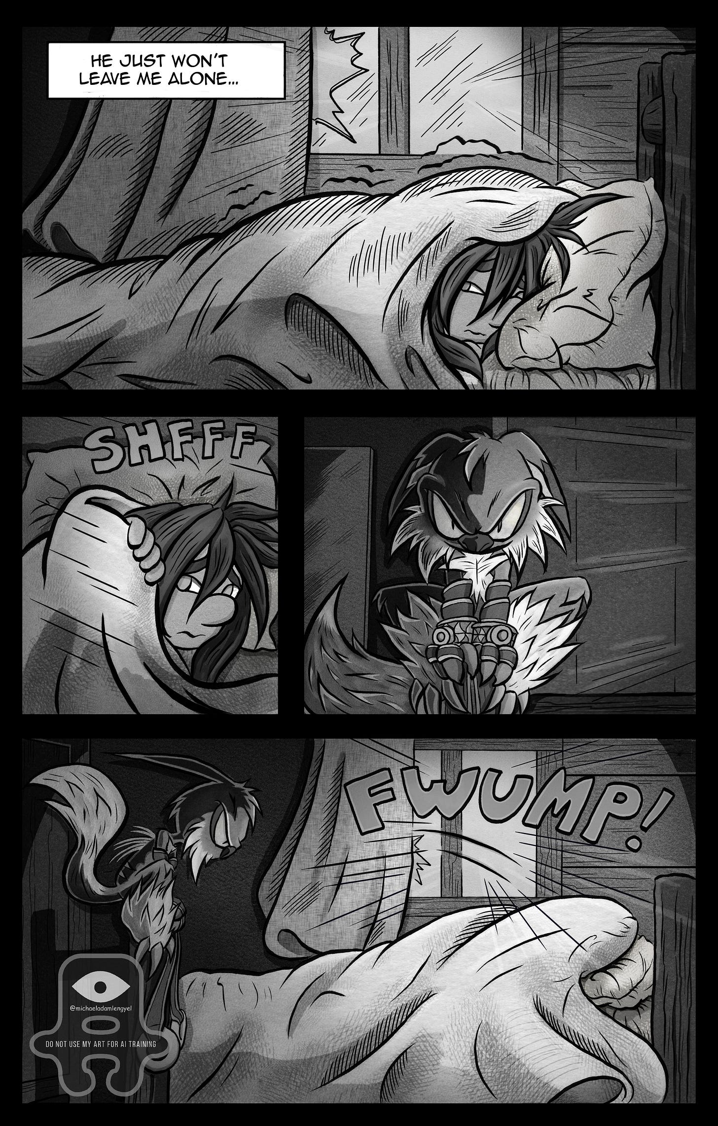 Kali lies under her blanket, clearly unsettled, as the sharp-eyed spirit reappears inside her room and leaps onto her bed. Kali lies under her blanket, clearly unsettled, as the sharp-eyed spirit reappears inside her room and leaps onto her bed.