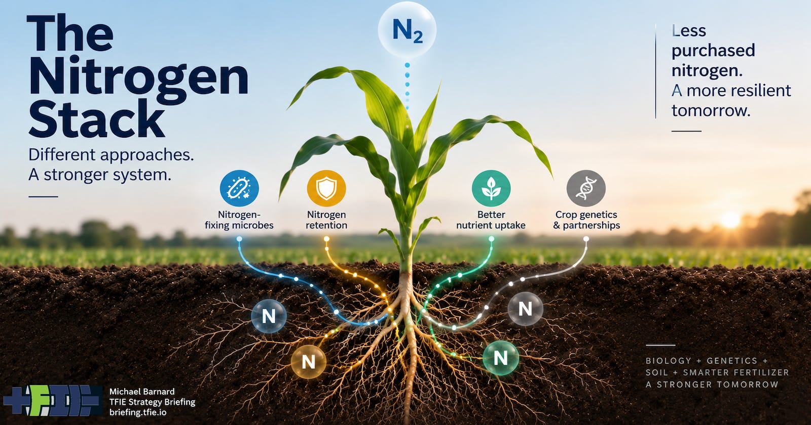 Corn plant with exposed roots showing atmospheric nitrogen and several biological, genetic and nutrient-management pathways converging on the same crop system.