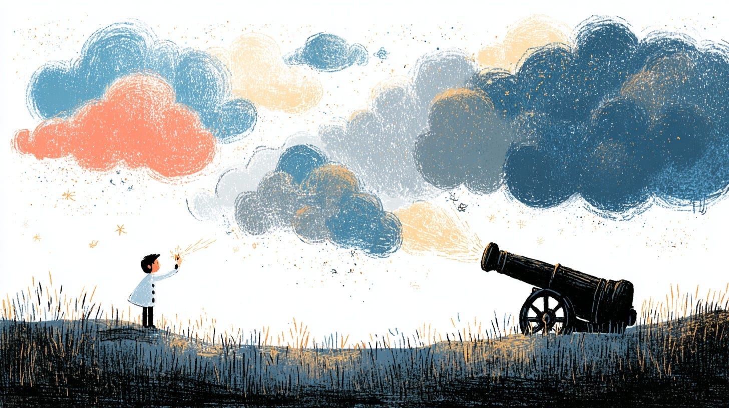 Illustration of a person holding a sparkler while a cannon fires colourful clouds into the sky.