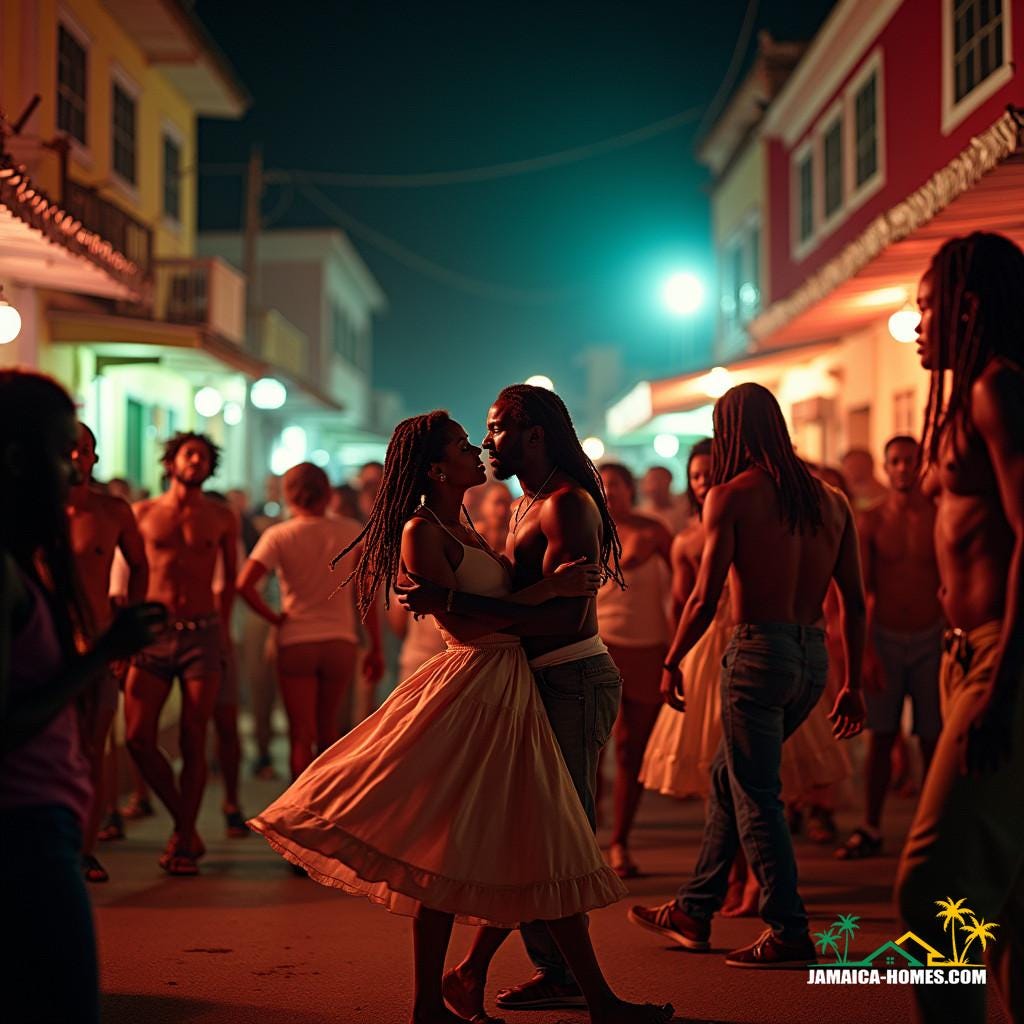 A lively Jamaican street at night, filled with people dancing to a powerful sound system with towering stacks of speakers blasting reggae music.