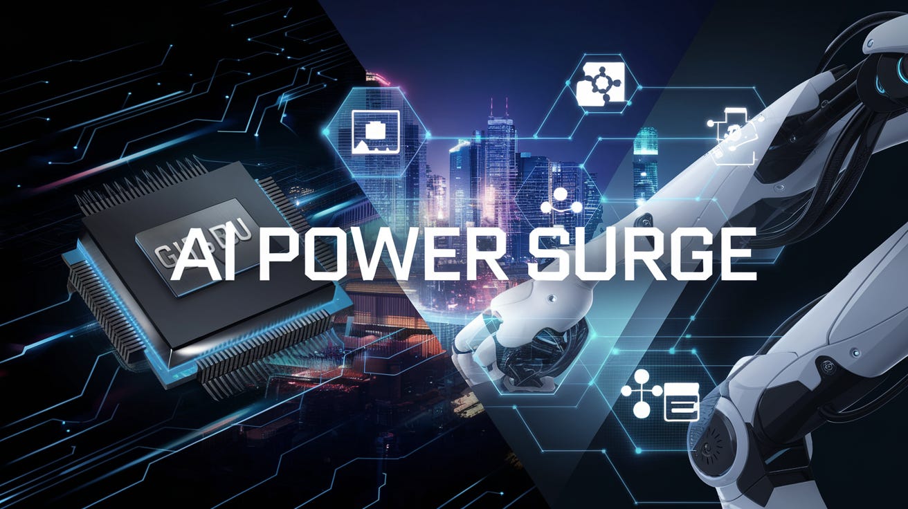 A sleek, futuristic collage featuring a high-tech GPU chip, a dynamic robotic arm, and digital marketing icons layered over a vibrant cityscape, with bold text reading "AI POWER SURGE" emblazoned across the middle, symbolizing the fusion of AI-driven innovation across finance, tech, and industrial automation.