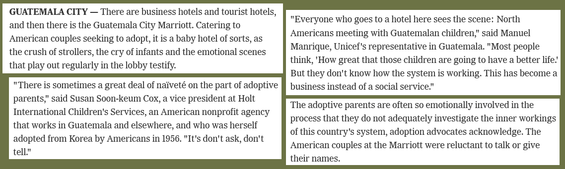 Fragmentos de articulo de New York Times (2006): El sistema guatemalteco, a examen mientras los estadounidenses se apresuran a adoptar 