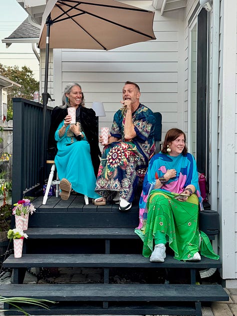 Comedy Supper Club performance, illustrated menu, and Sheila with Pam and Dave in Oakland.