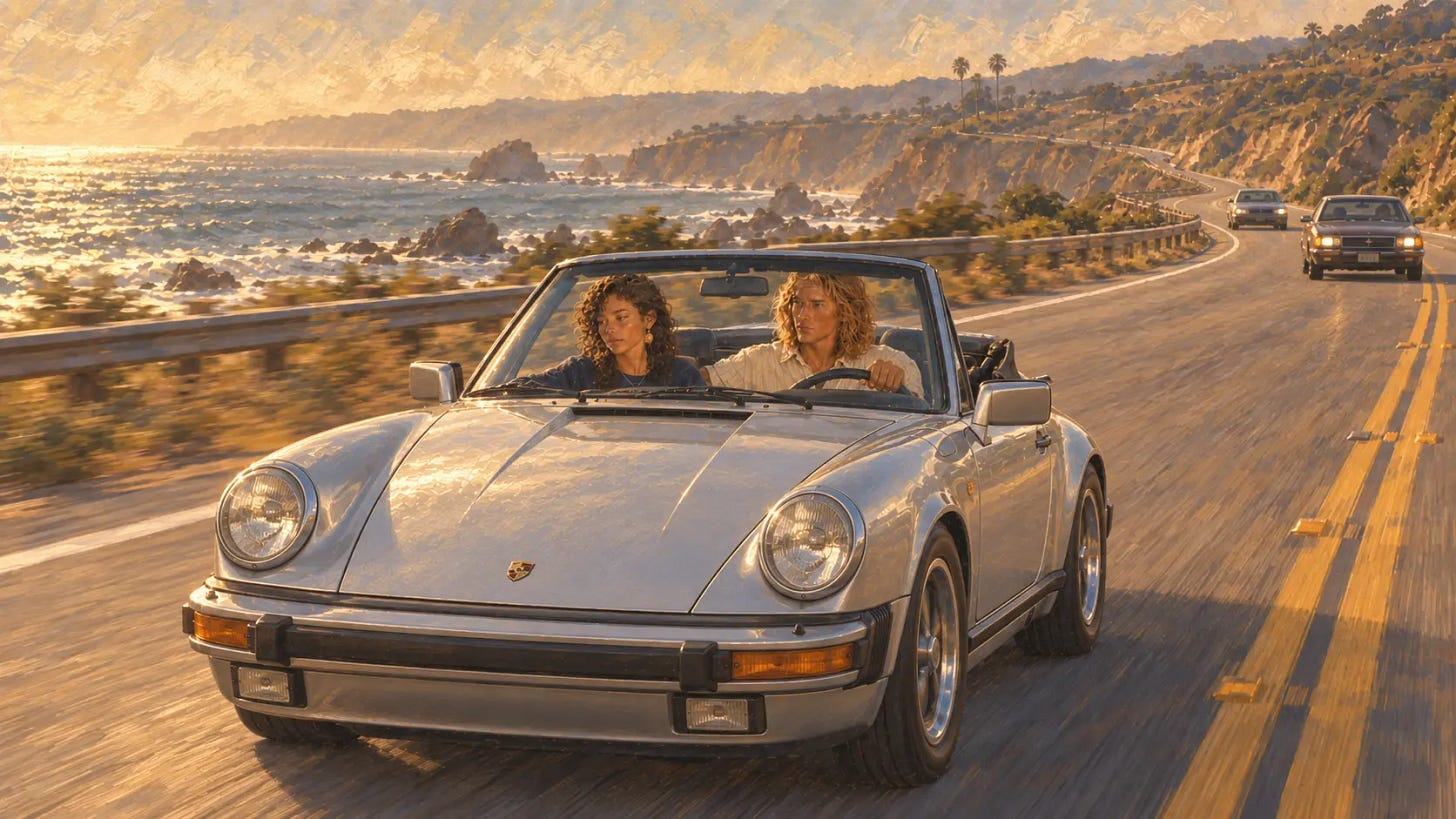 Matteo drives a silver Porsche convertible along the coast at sunset while Lucia sits withdrawn beside him, looking toward the ocean. Matteo drives a silver Porsche convertible along the coast at sunset while Lucia sits withdrawn beside him, looking toward the ocean.