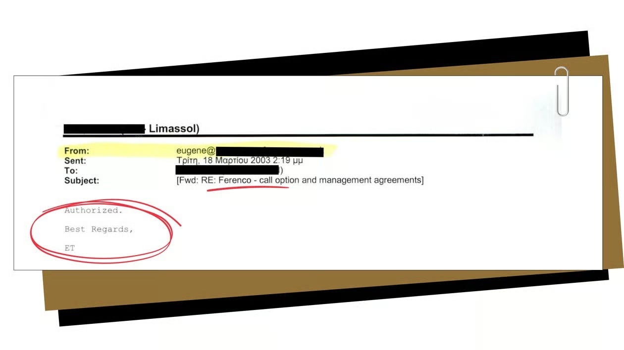 Email dated 18 March 2003 concerning Ferenco’s call-option and management agreements, containing an authorization attributed to Eugene Tenenbaum. The correspondence forms part of the documentary record examined in the investigation into allegedly backdated corporate agreements. Email dated 18 March 2003 concerning Ferenco’s call-option and management agreements, containing an authorization attributed to Eugene Tenenbaum. The correspondence forms part of the documentary record examined in the investigation into allegedly backdated corporate agreements.