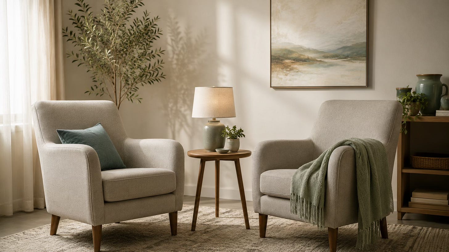 Two comfortable chairs in a calm coaching room, representing private Clinical EFT support and emotional safety.