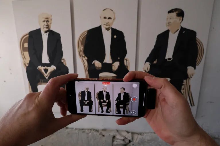 Artwork depicting Trump, Putin, and Xi at an art gallery in Crimea, Ukraine, February 2025 Artwork depicting Trump, Putin, and Xi at an art gallery in Crimea, Ukraine, February 2025