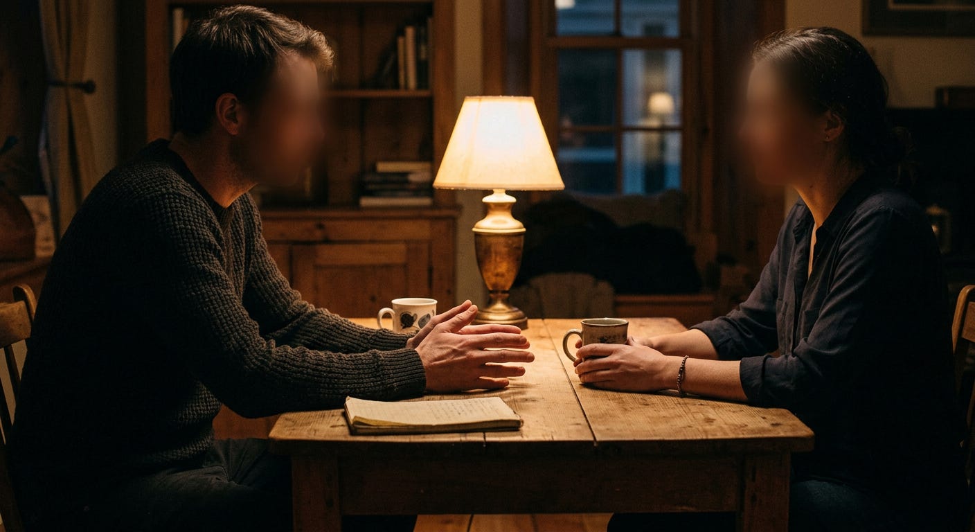 Two people at a table in warm lamplight, one speaking and one listening, representing the act of testimony — the changed giver's return making visible what the community's managed distance had concealed. Two people at a table in warm lamplight, one speaking and one listening, representing the act of testimony — the changed giver's return making visible what the community's managed distance had concealed.