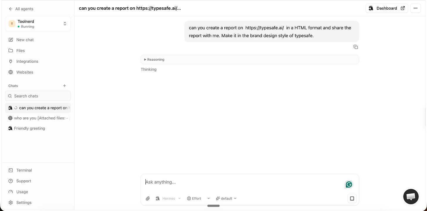 Prompt asking Agent37 to research TypeSafe.ai and create a branded HTML report with a public URL Prompt asking Agent37 to research TypeSafe.ai and create a branded HTML report with a public URL
