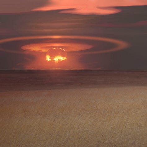 LEFT: Detail from LEGENDS OF THE FALLOUT featuring a man in black hoodie standing in a field of wheat staring at a mushroom cloud erupting on the horizon. CENTER: Figure detail from LEGENDS OF THE FALLOUT featuring a man in jeans and black hoodie. Hanging from a harness on his back is a long grey tube with a radiation symbol on its barrel. A coiled cord leads from the end of the EM weapon to a tan pouch on the back of his belt, presumably the power supply. The man wears thick tan work gloves. RIGHT: Background detail from LEGENDS OF THE FALLOUT featuring a mushroom cloud blossoming on the horizon. Rendered in coral with an intense burst of yellow on the underside of the cloud, it is simultaneously soothing and violent. An illuminated halo hovers above the mushroom cloud and a ring radiates outward in its orbit. The foreground is filled with a field of wheat providing a justaposition of normal scenery and apocalyptic event.