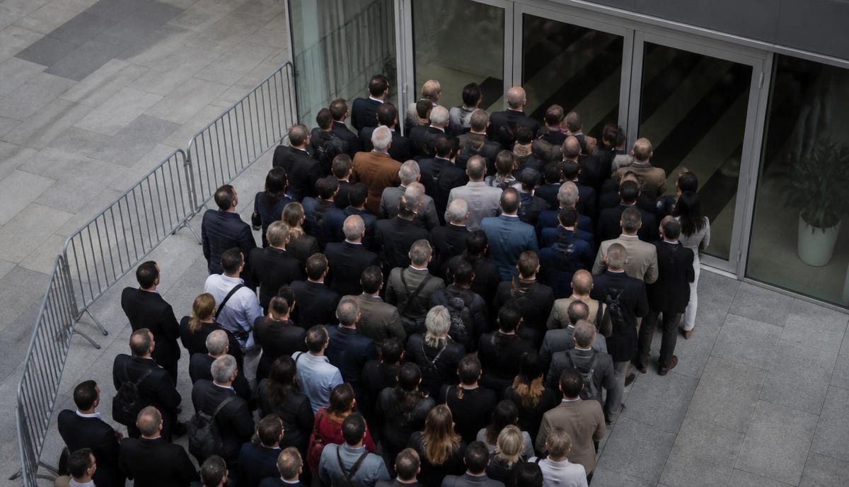 The Crowd Is Surging at a Single Entrance — General-admission conference keynote, 2,000 attendees, single-door hall entrance, pre-opening The Crowd Is Surging at a Single Entrance — General-admission conference keynote, 2,000 attendees, single-door hall entrance, pre-opening