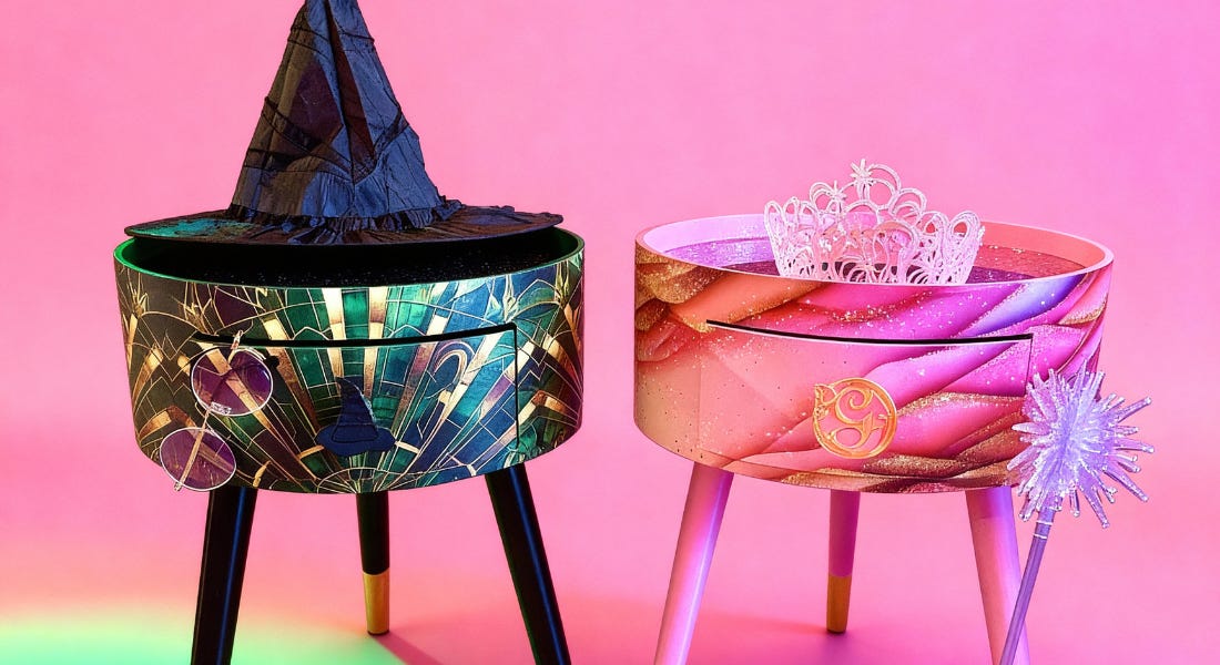 Two side tables - one green and black and one pink - on a pink background with green lights