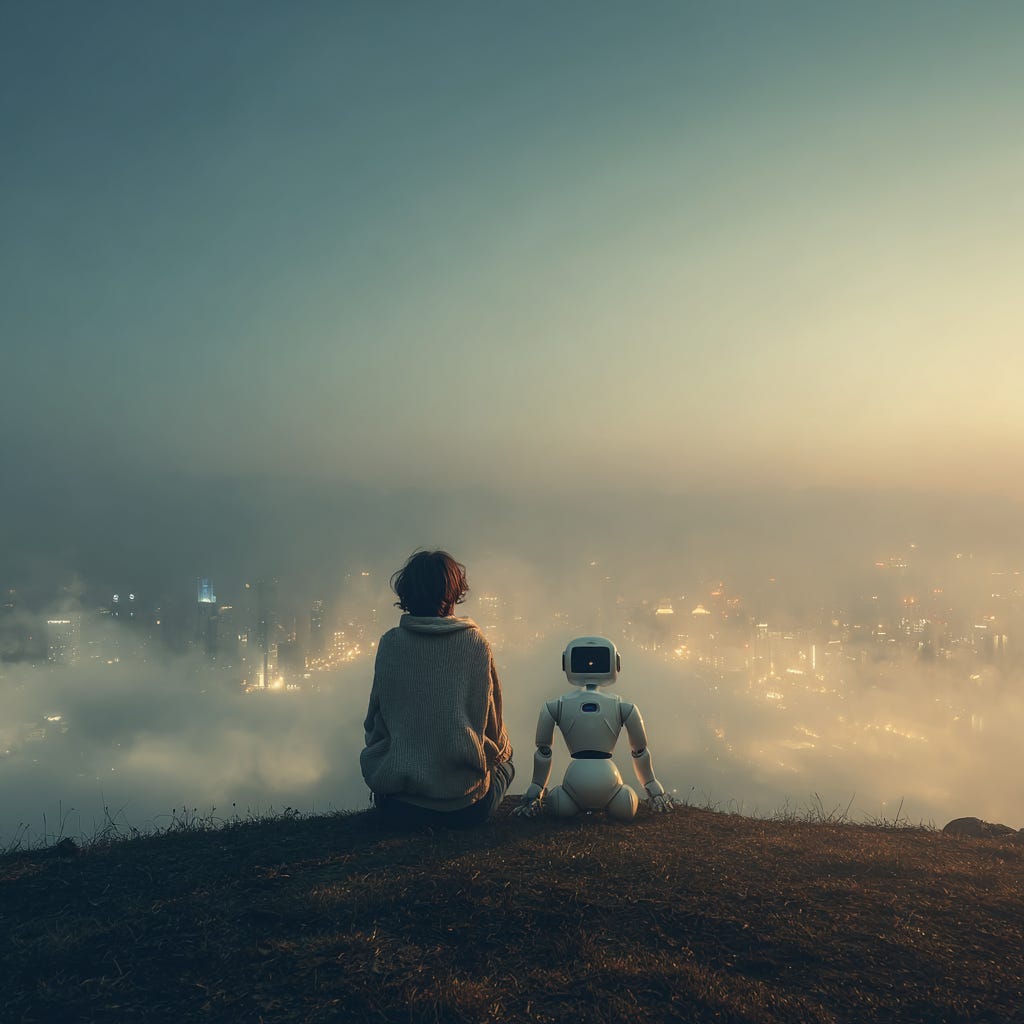 A young woman and a small, friendly robot (about 2 feet tall) sit side by side on a grassy hilltop at dawn or dusk. 