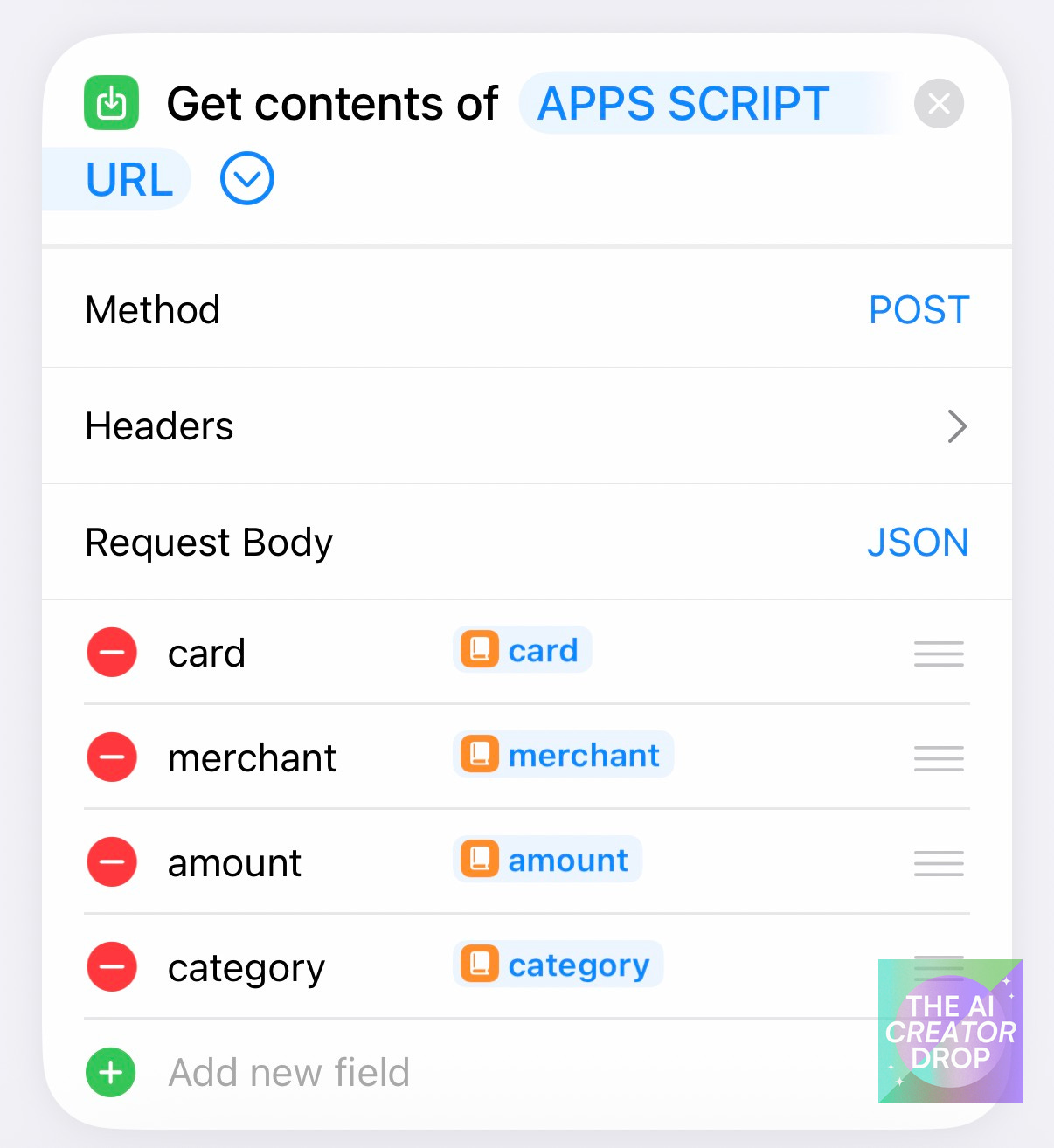 iPhone Shortcuts screen showing a “Get Contents of URL” action configured with Method set to POST and JSON request body fields for card, merchant, amount, and category to send expense data to a Google Apps Script web app.