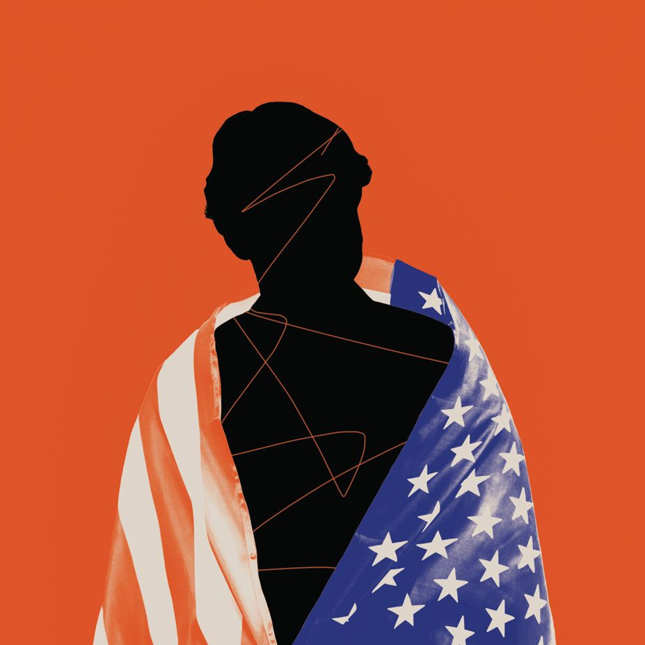 Silhouette of a person wrapped in an American flag.