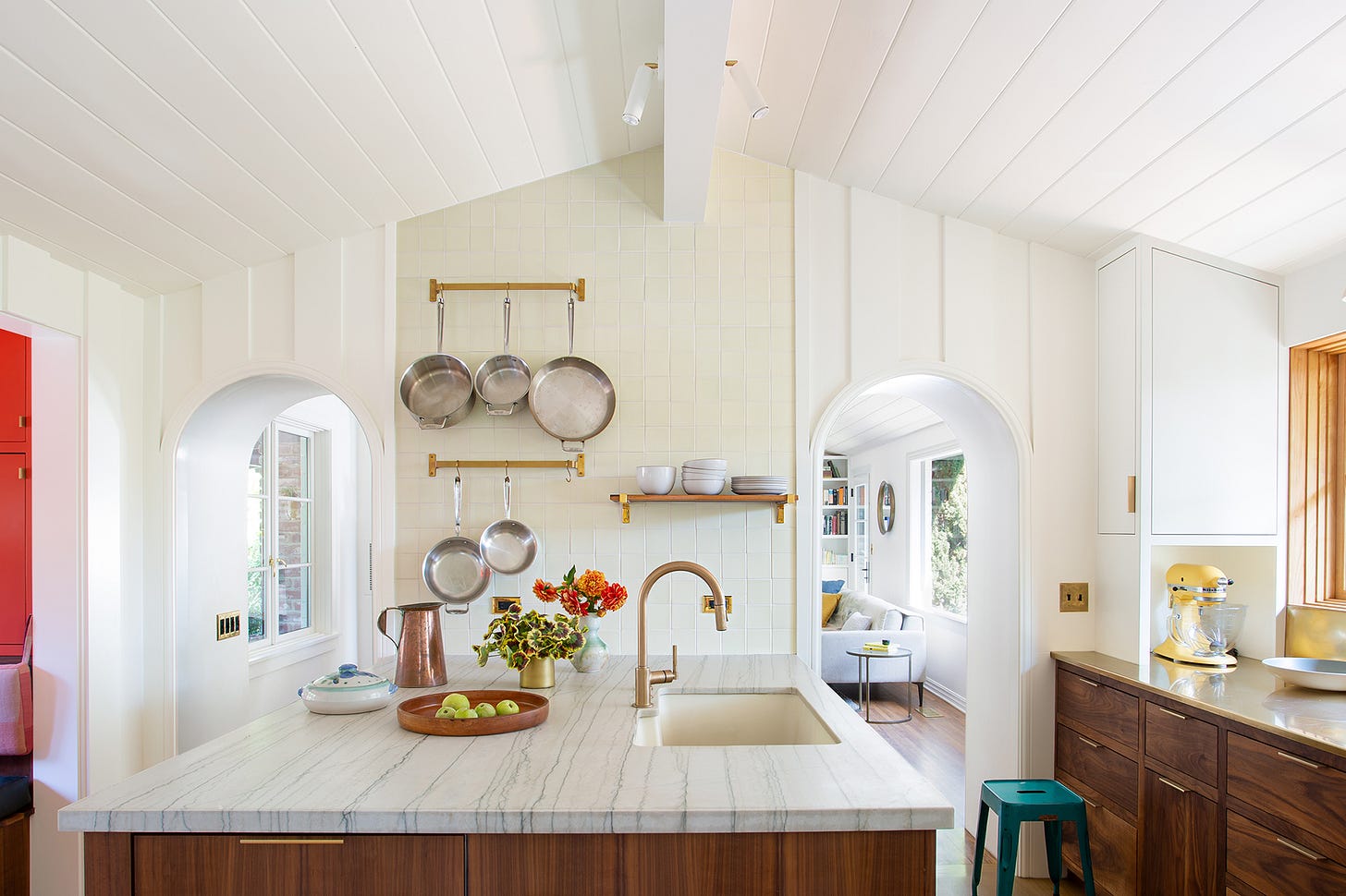 The renovated kitchen, breakfast nook at left