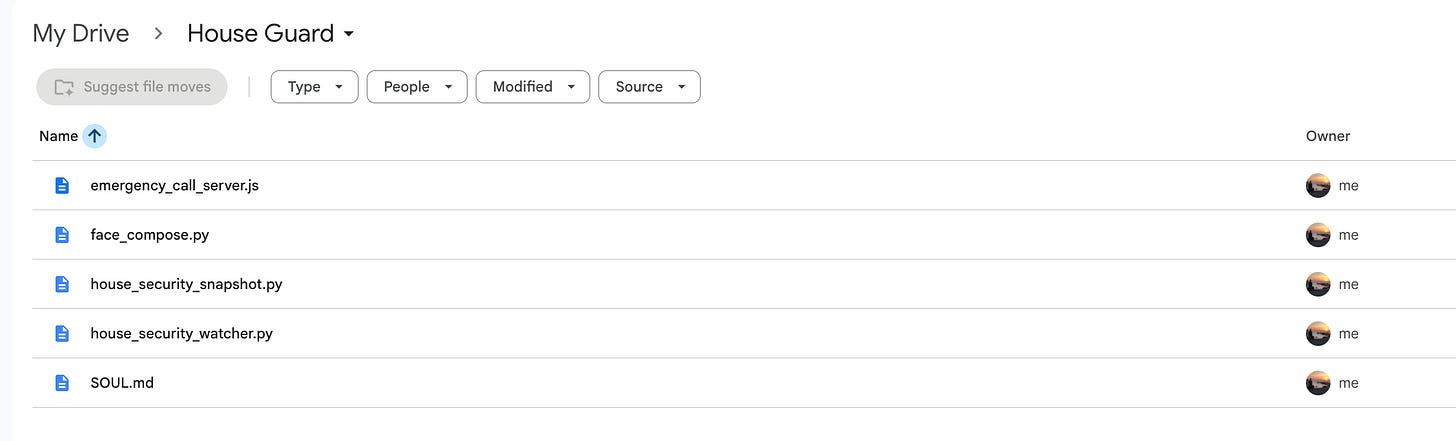 The five scripts and prompts that run the House Guard AI security camera agent, shown in Google Drive The five scripts and prompts that run the House Guard AI security camera agent, shown in Google Drive