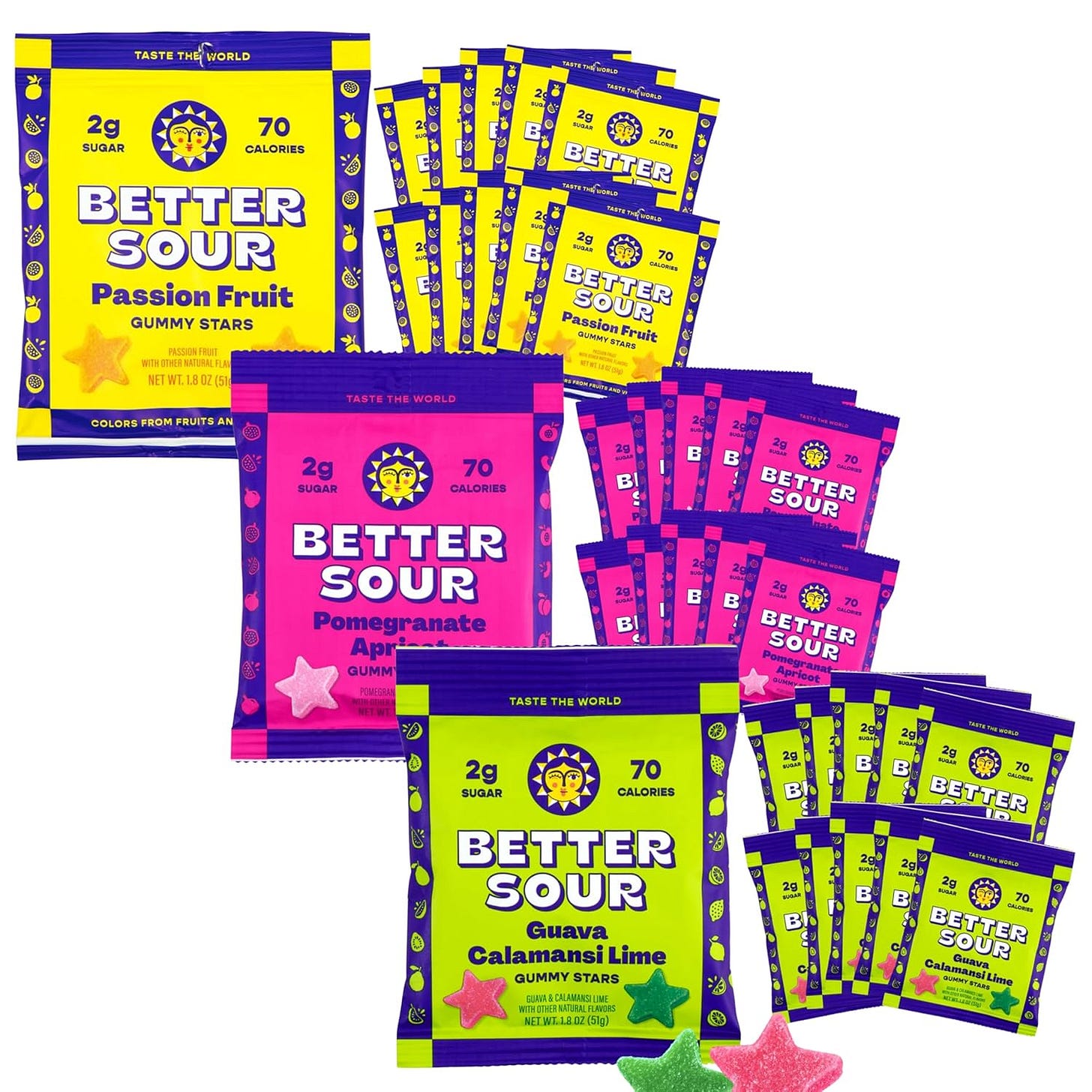 Better Sour Passion Fruit, Pomegranate Apricot, and Guava Calamansi Lime Gummy Stars Bundle Better Sour Passion Fruit, Pomegranate Apricot, and Guava Calamansi Lime Gummy Stars Bundle