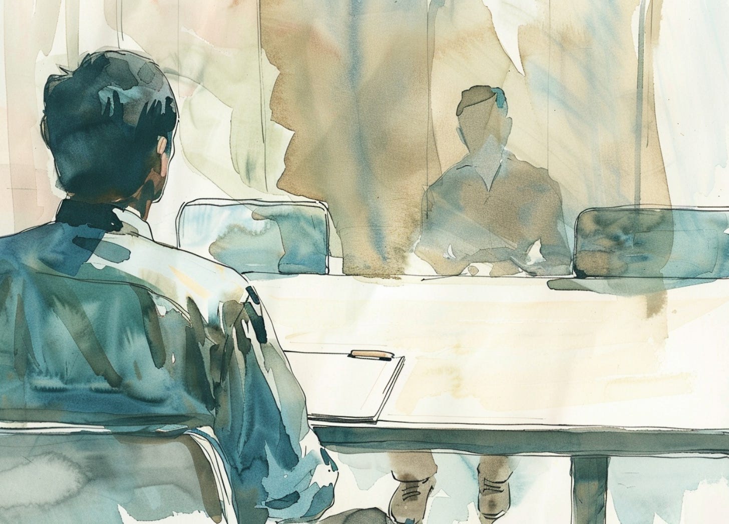 vintage editorial watercolor illustration of a seated figure across an institutional table, face partially obscured, notepad and pen in front of them, waiting, viewer placed in the position of the interviewed, muted neutrals, cream paper texture