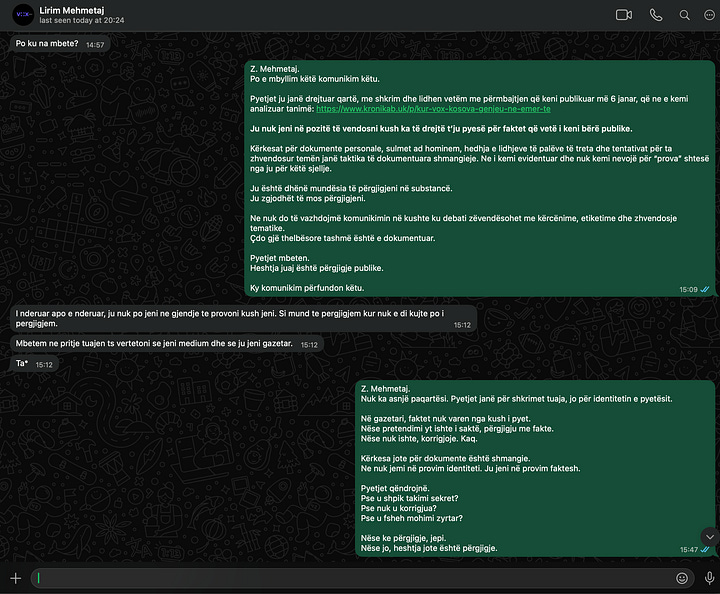 Këto pamje tregojnë reagimin e mëvonshëm të Lirim Mehmetajt. Në vend të përgjigjeve faktike, ai zhvendos debatin te kërkesa për dokumente personale, kërcënime, etiketime dhe sulme ad hominem. Galeria ilustron qartë strategjinë e shmangies, eskalimin verbal dhe refuzimin e vazhdueshëm për t’u përballur me pyetjen thelbësore, pse u publikua një pretendim i pavërtetë dhe pse nuk u korrigjua.