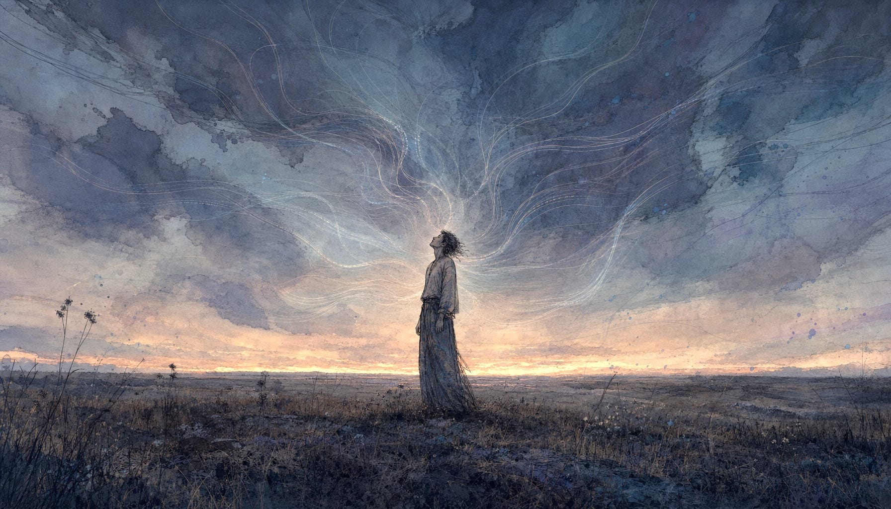 A lone figure standing in an open field at dusk, head slightly tilted upward, surrounded by faint radiating lines or invisible waves emanating from the surrounding environment — like sound waves, but emotional. The figure absorbs everything. Muted palette. Blues, grays, dusty amber. Photorealistic or painterly. Mood: exhausted hyperawareness.