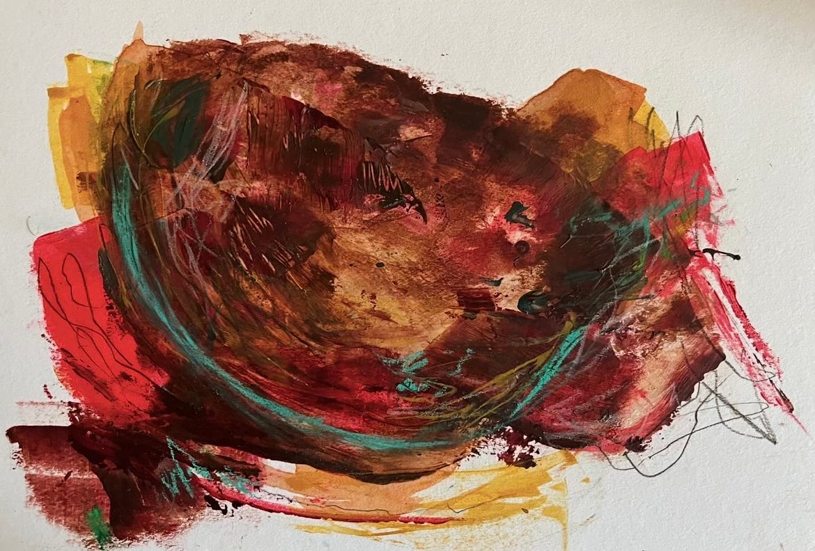 Bold abstract painting on paper, rich in red, rust, and turquoise tones. Dynamic lines, layered marks, and sweeping brushstrokes create a sense of vibrant energy and circular motion. Scribbles and contrasting textures suggest ignition and movement, with bursts of colour and emotional intensity.
