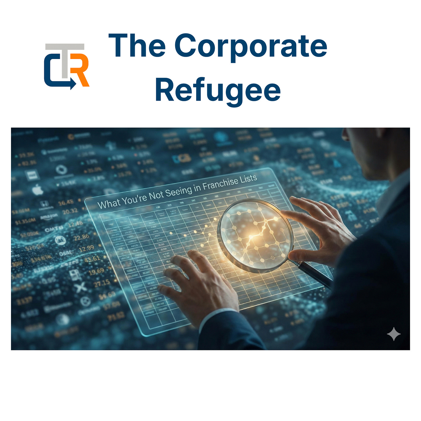 A digital illustration of hands manipulating a futuristic, transparent touchscreen displaying complex data and charts. A magnifying glass graphic highlights specific data nodes, with the headline text overlay: "What You're Not Seeing in Franchise Lists. A digital illustration of hands manipulating a futuristic, transparent touchscreen displaying complex data and charts. A magnifying glass graphic highlights specific data nodes, with the headline text overlay: "What You're Not Seeing in Franchise Lists.