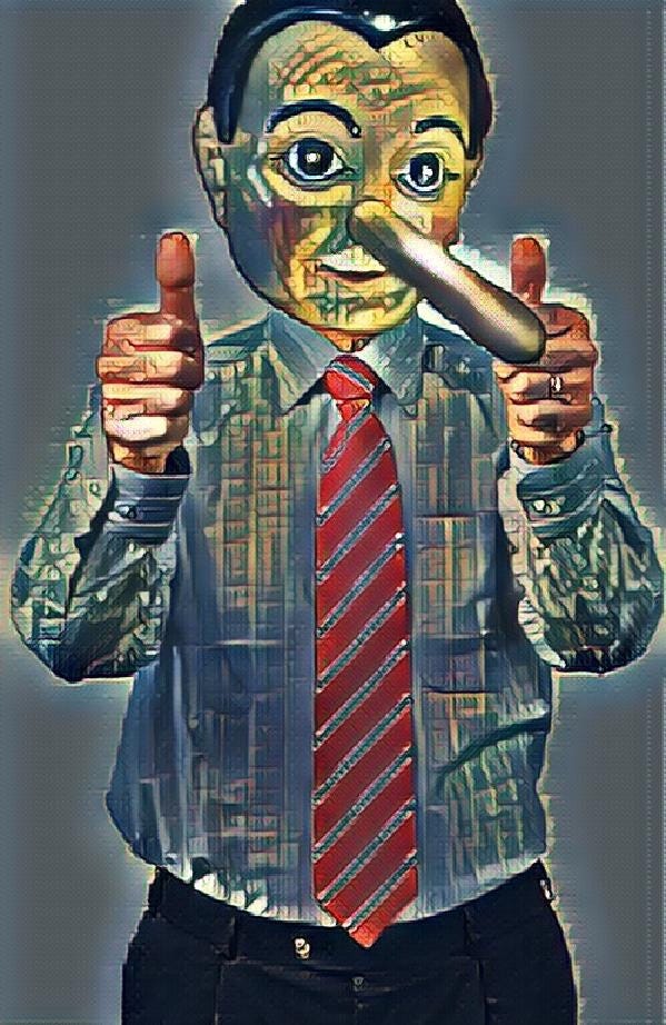 boss with Pinocchio head shows thumbs up