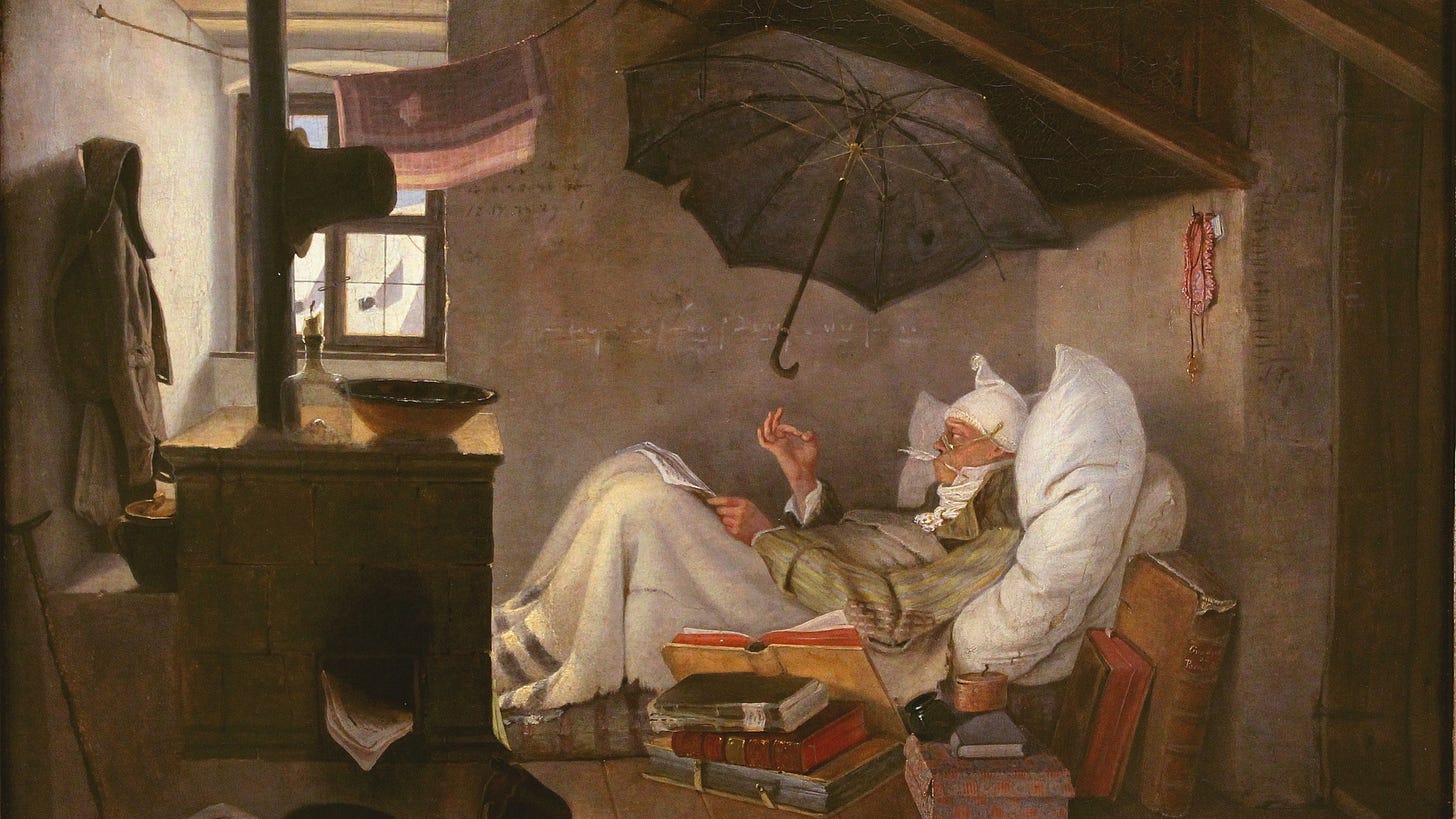 A poor poet writes in bed in a cold timbered attic, an umbrella hung from the ceiling to catch leaks, pale light from a small window. A poor poet writes in bed in a cold timbered attic, an umbrella hung from the ceiling to catch leaks, pale light from a small window.