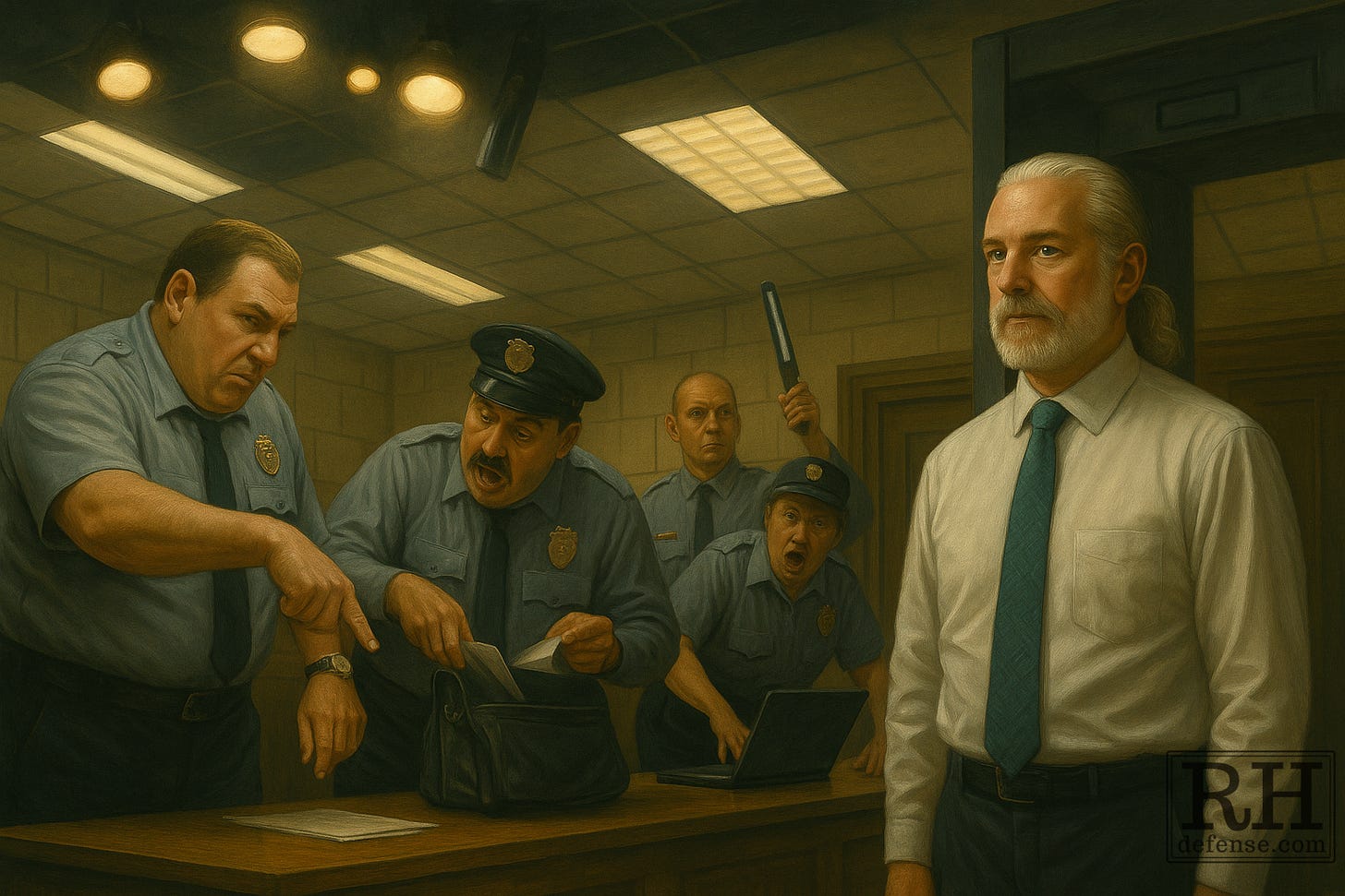 A single white-haired attorney stands calmly at a courthouse metal detector while rent-a-cop guards perform exaggerated checks under cold fluorescents and subtle stage spotlights, suggesting “institutional theater.”