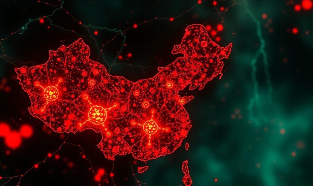 Stylized map of China rendered in pathogen-like particles. Stylized map of China rendered in pathogen-like particles.