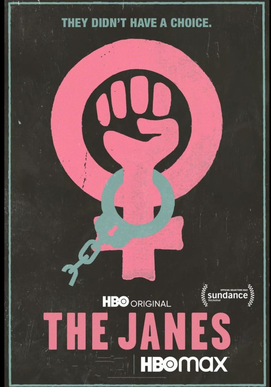 A photo of a pink fist in a pink circlewith a green handcuff.