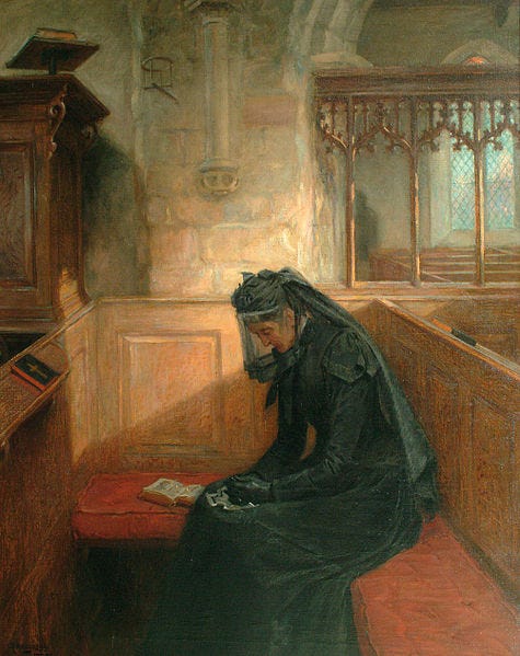 A painting showing a woman clad entirely in black sitting in a church pew. A short black veil covers her face.
