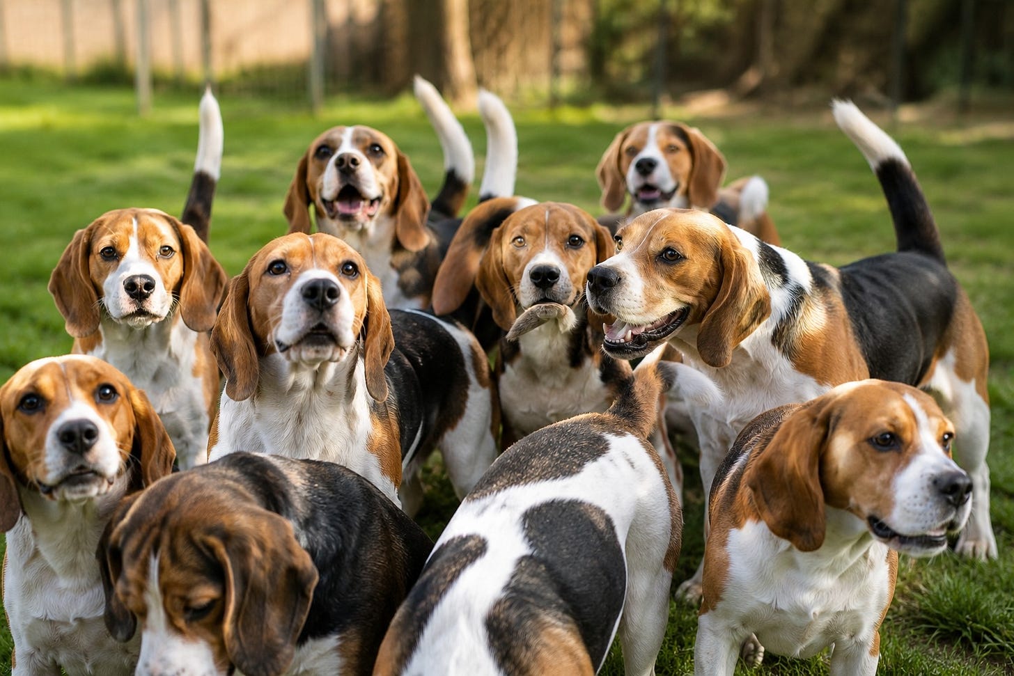 A group of rescued beagles stands together outdoors on green grass. The dogs, with their distinctive brown, black, and white markings, appear alert and curious as they begin their journey toward adoption and new homes.