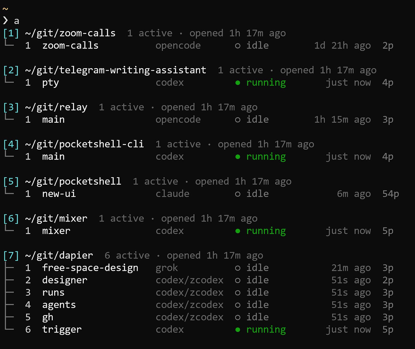 Aplexer lists workspaces with agent sessions, including Claude, Codex, Grok, and OpenCode, with running and idle states