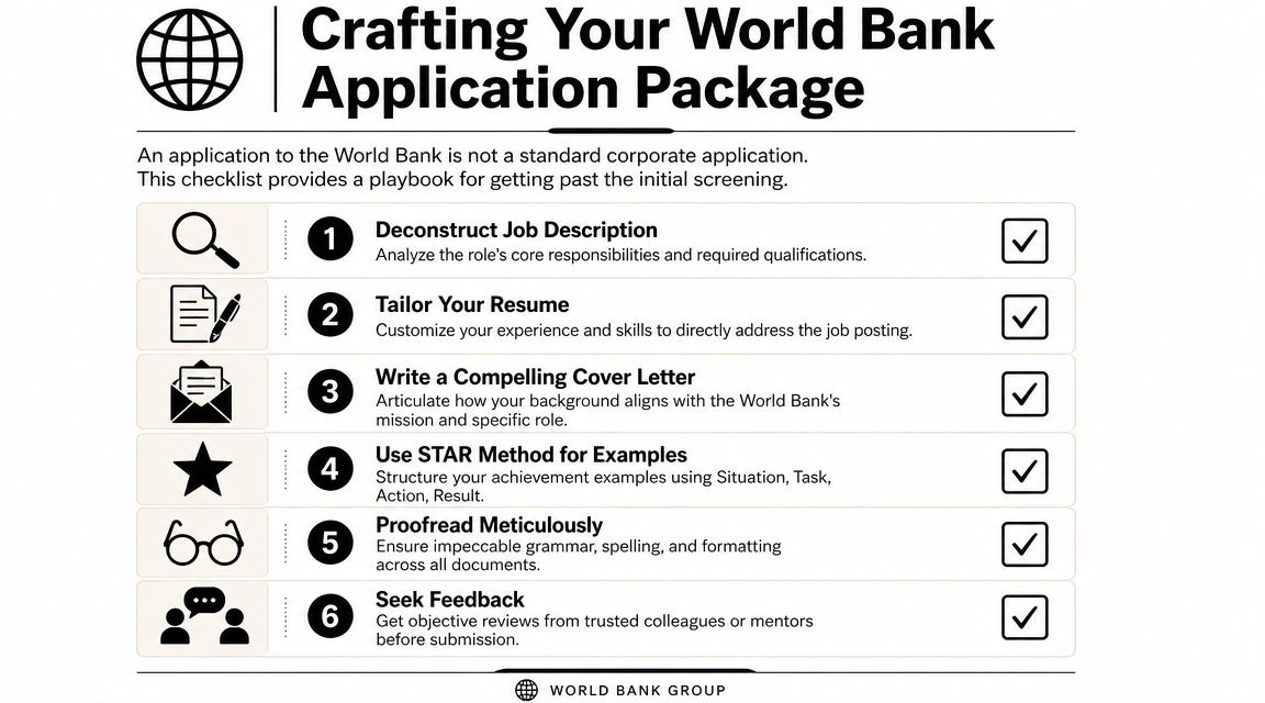 A checklist titled Crafting Your World Bank Application Package showing six essential steps for job seekers. A checklist titled Crafting Your World Bank Application Package showing six essential steps for job seekers.