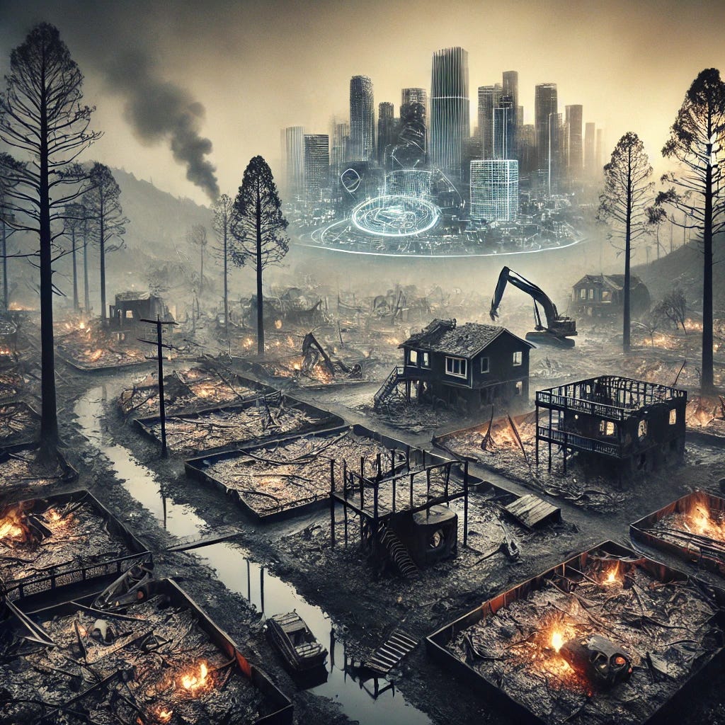 A haunting scene of the scorched remains of a California neighborhood. The area is devastated by wildfires, with burned-down homes, charred trees, and ashes scattered across the ground. In the background, there are faint signs of construction equipment and futuristic city models, symbolizing the planned rebuilding efforts. The atmosphere is somber, with a smoky sky and a sense of loss. The image captures the transition from devastation to a controversial urban renewal plan.