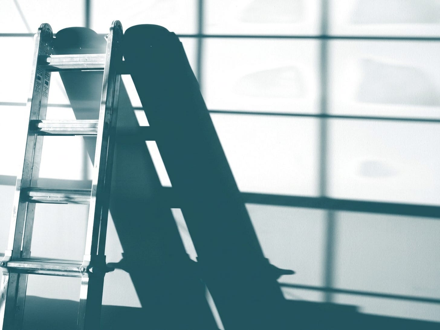 An aluminum extension ladder leaning against a pale wall, casting a long shadow of its rungs. An aluminum extension ladder leaning against a pale wall, casting a long shadow of its rungs.