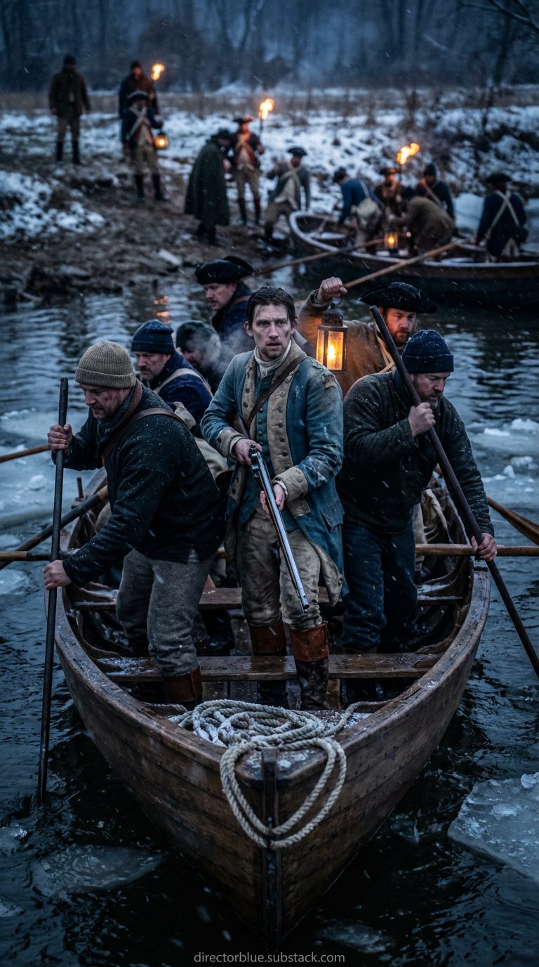 same subject next IMAGE PROMPT FOR HISTORIC REENACTMENT EDUCATIONAL SERIES (Washington Crossing the Delaware  Battle of Trenton) (1776) Hyper-realistic cinematic reenactment still modern embedded war-photography look 916 vertical portrait fr_image_1