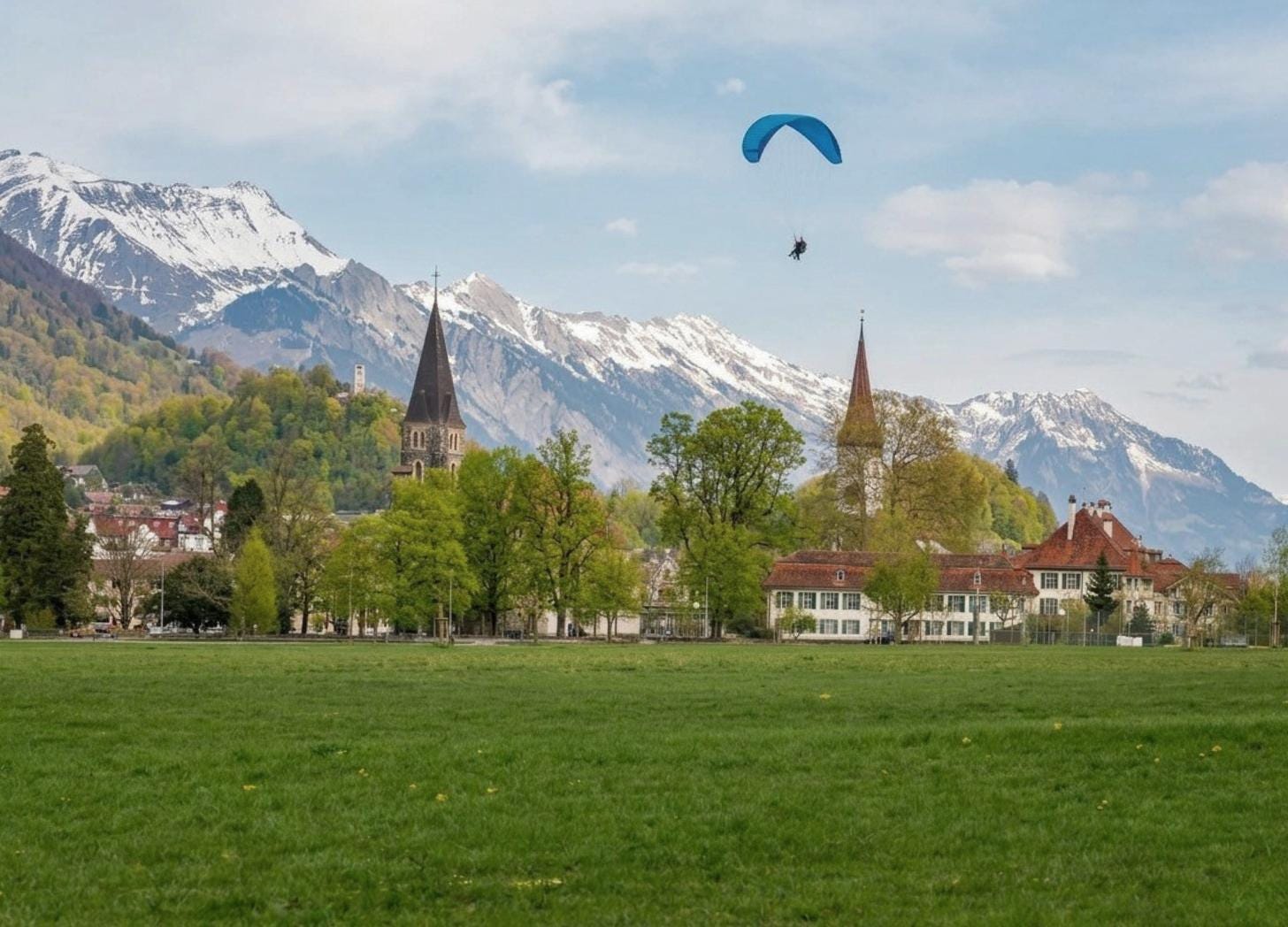 View across the Höhematte Meadow in Interlaken, Switzerland, with a single blue paraglider above two church spires and the snow-capped Jungfrau mountains in the distance. View across the Höhematte Meadow in Interlaken, Switzerland, with a single blue paraglider above two church spires and the snow-capped Jungfrau mountains in the distance.