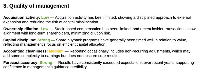 Company assessment summary showing strong financial health, strong management quality, medium growth outlook and strong valuation for Fox Corporation.