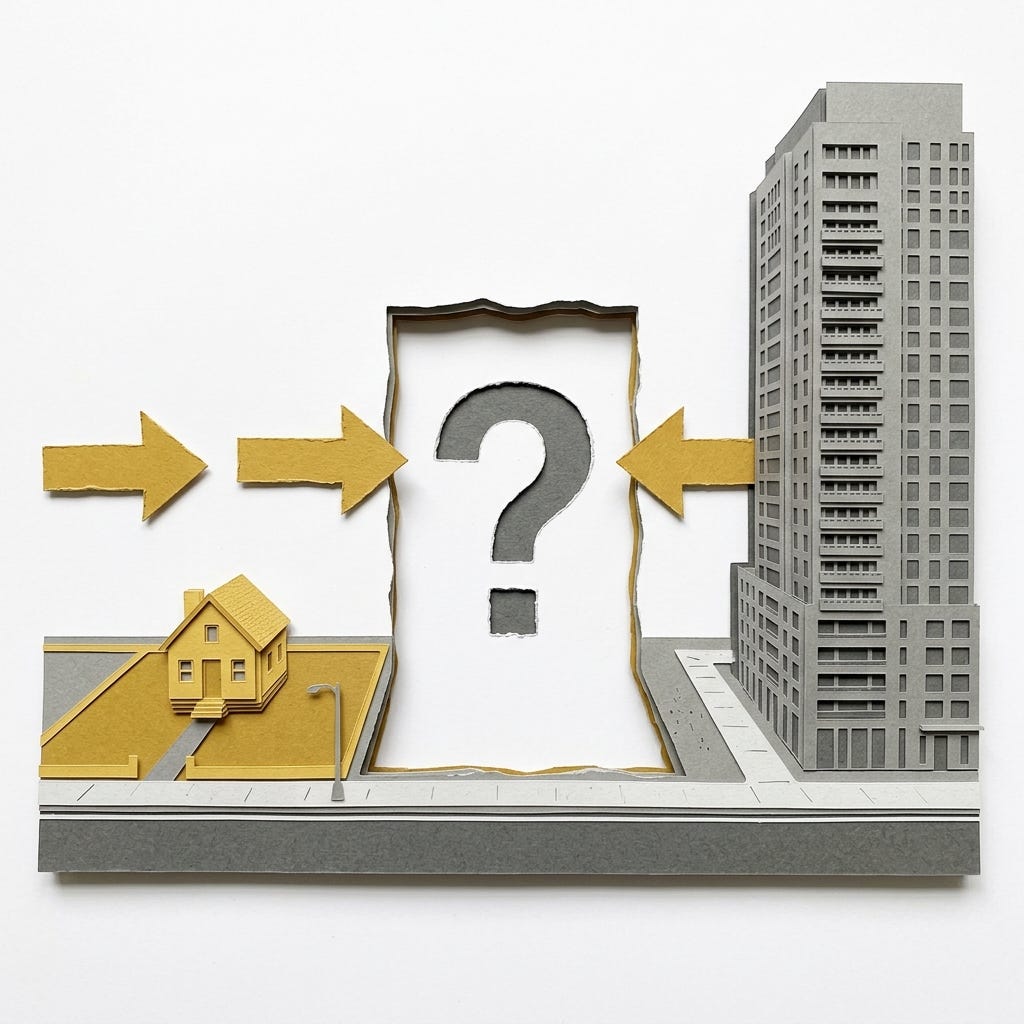 Layered papercut of a city block streetscape showing a small golden house with a large empty lot on the far left, a torn white space with a grey question mark in the center representing the missing middle housing types that zoning bans, and an enormous grey luxury tower on the far right, with golden yellow arrows pointing from both sides toward the empty middle gap, illustrating how American zoning has eliminated the natural middle of the housing density spectrum where affordable housing organically develops, leaving only expensive single-family homes and unaffordable luxury towers Layered papercut of a city block streetscape showing a small golden house with a large empty lot on the far left, a torn white space with a grey question mark in the center representing the missing middle housing types that zoning bans, and an enormous grey luxury tower on the far right, with golden yellow arrows pointing from both sides toward the empty middle gap, illustrating how American zoning has eliminated the natural middle of the housing density spectrum where affordable housing organically develops, leaving only expensive single-family homes and unaffordable luxury towers