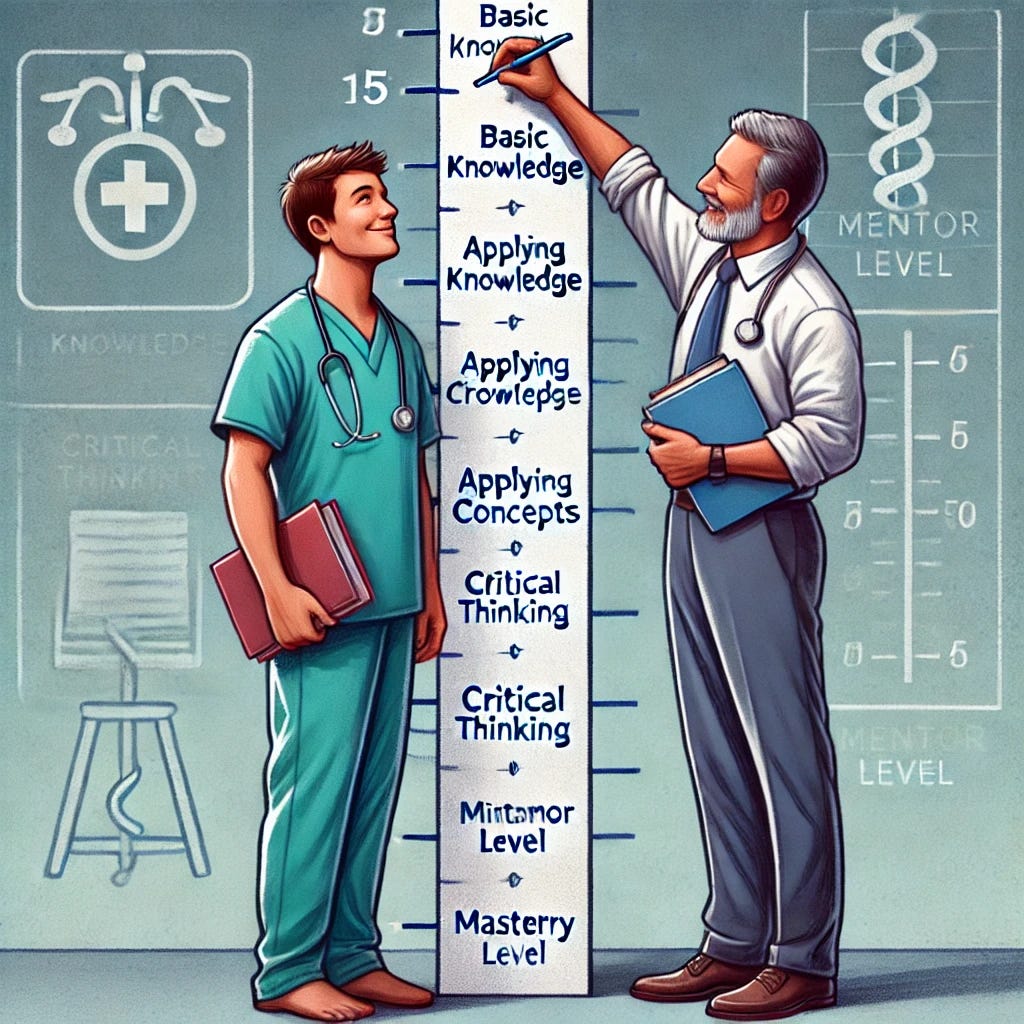 A symbolic illustration of a clinician being measured on a growth chart, but instead of height, the markings represent learning and professional development. The chart includes labels like 'Basic Knowledge,' 'Applying Concepts,' 'Critical Thinking,' 'Mentor Level,' and 'Mastery.' An experienced mentor or colleague is holding the measuring tool, smiling encouragingly. The clinician being measured has notes, books, or a stethoscope in hand, symbolizing ongoing learning. The background subtly suggests a clinical or educational environment, reinforcing the theme of professional growth. The style is semi-realistic with a motivational and supportive tone.